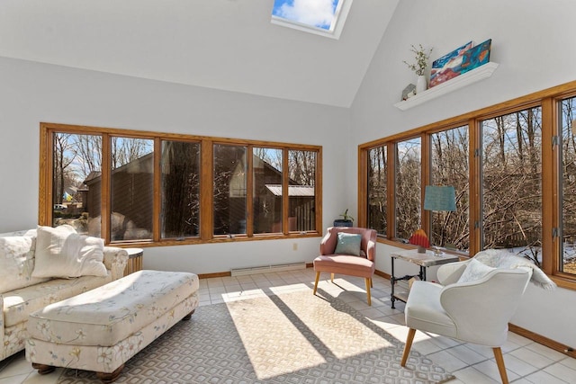 3311 S Scarlet Oak Ln, Appleton, WI 54915 - sunroom with high vaulted ceiling, a skylight, a baseboard radiator, tile patterned flooring, and baseboards