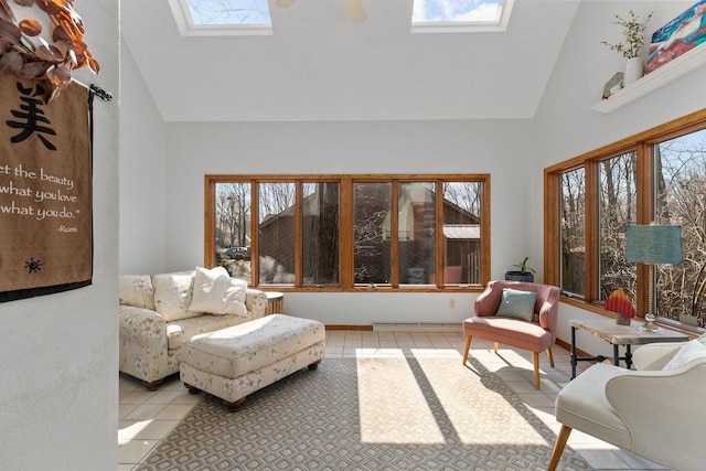 3311 S Scarlet Oak Ln, Appleton, WI 54915 - living area with a skylight, light tile patterned floors, high vaulted ceiling, and healthy amount of natural light