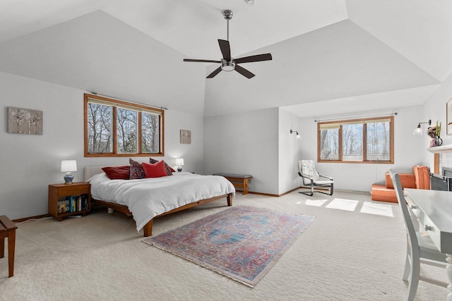 3311 S Scarlet Oak Ln, Appleton, WI 54915 - carpeted bedroom with high vaulted ceiling, baseboards, and ceiling fan