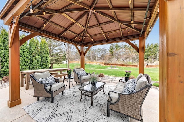 view of patio with a gazebo and an outdoor hangout area
