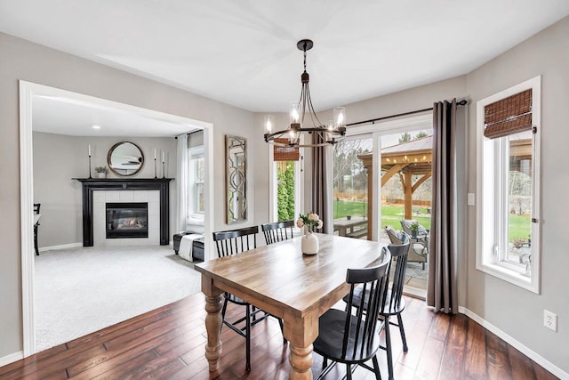dining room featuring a chandelier, healthy amount of natural light, dark wood-style floors, and baseboards