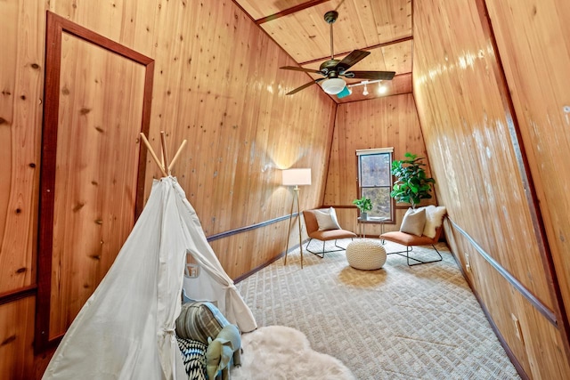 1753 Oneida Ct, Grafton, WI 53024 - living area with wood walls, ceiling fan, and wood ceiling