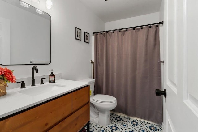 N3413 Queen Rd, Lake Geneva, WI 53147 - bathroom with toilet, vanity, tile patterned floors, and a shower with curtain