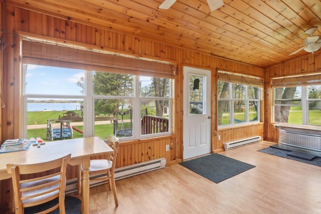 4121 1st Ave, Briggsville, WI 53920 - sunroom featuring a baseboard heating unit, a water view, wooden walls, wood finished floors, and lofted ceiling