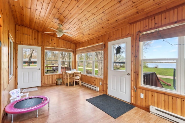 4121 1st Ave, Briggsville, WI 53920 - sunroom with baseboard heating, vaulted ceiling, wooden walls, wood finished floors, and a deck with water view