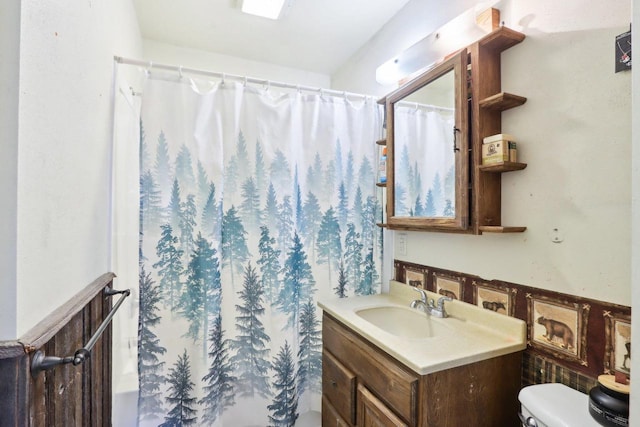 4121 1st Ave, Briggsville, WI 53920 - full bath featuring toilet, vanity, and a shower with curtain