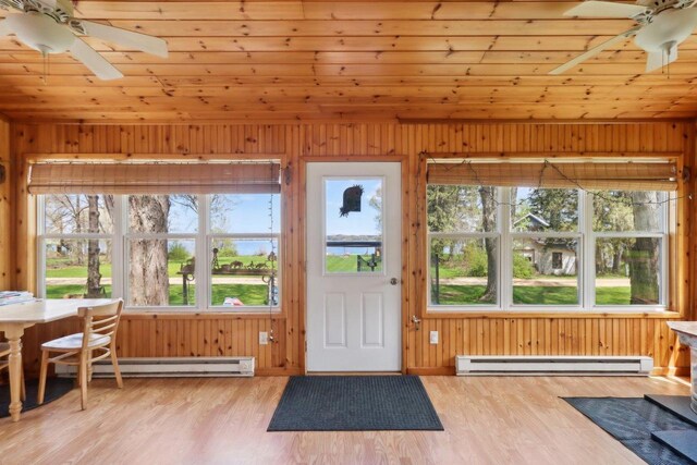 4121 1st Ave, Briggsville, WI 53920 - entryway with a baseboard radiator, ceiling fan, wooden walls, light wood-type flooring, and wood ceiling