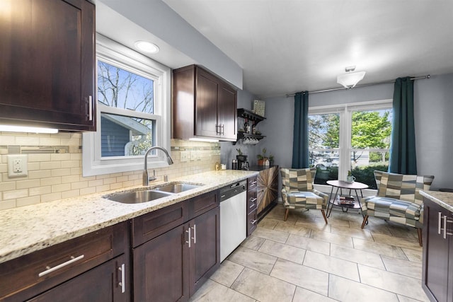 5719 Highland Way, Middleton, WI 53562 - kitchen featuring dishwasher, a sink, backsplash, light stone countertops, and dark brown cabinets