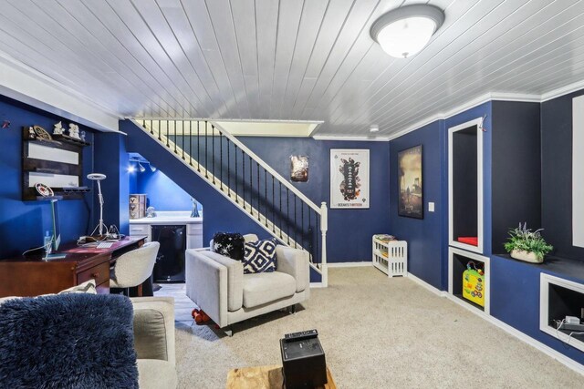 6941 Chester Dr Unit C, Madison, WI 53719 - carpeted living area featuring stairs, crown molding, baseboards, an office area, and wooden ceiling