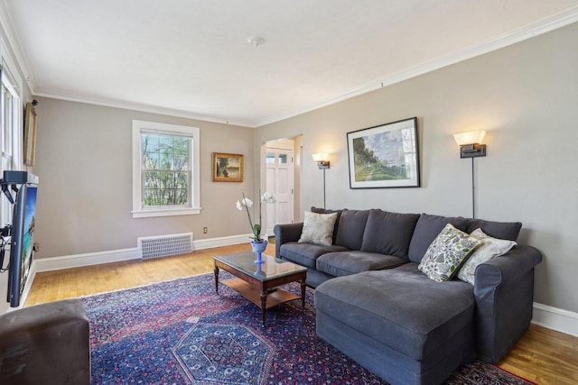 living area featuring wood finished floors, baseboards, and ornamental molding