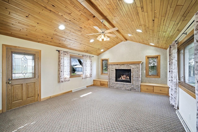 7704 Salisbury Rd, West Bend, WI 53090 - unfurnished living room with wooden ceiling, carpet flooring, healthy amount of natural light, and recessed lighting