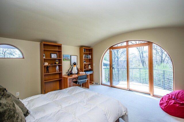 4455 Club Dr, Slinger, WI 53086 - bedroom with access to exterior, light carpet, and lofted ceiling