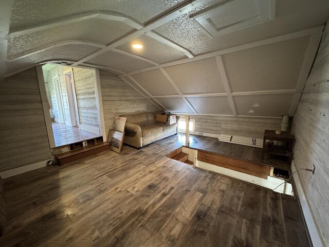 N3685 Mitchell Rd, Campbellsport, WI 53010 - additional living space featuring wooden walls, wood finished floors, and vaulted ceiling