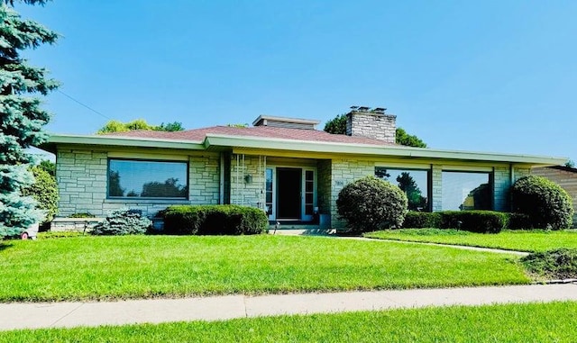 7814 2nd Ave, Kenosha, WI 53143 - ranch-style home featuring a front lawn, a chimney, and stone siding