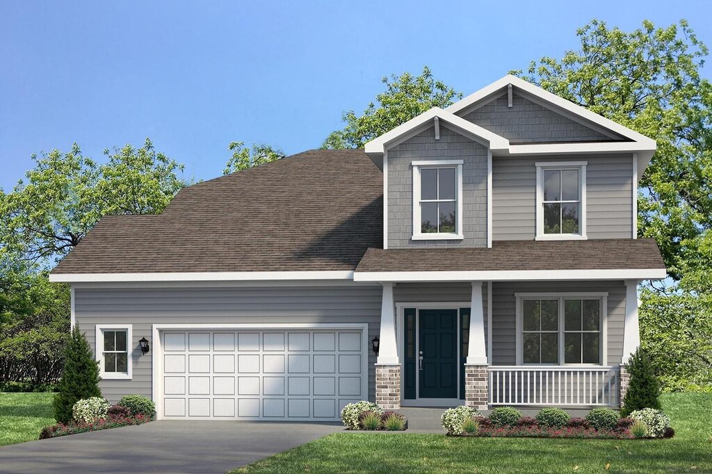 craftsman house with covered porch, an attached garage, driveway, a shingled roof, and a front lawn