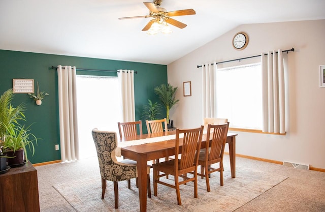 624 Westwynd Ct, Mazomanie, WI 53560 - dining space with carpet flooring, baseboards, lofted ceiling, and ceiling fan