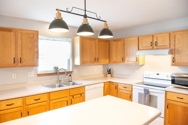 624 Westwynd Ct, Mazomanie, WI 53560 - kitchen featuring white appliances, under cabinet range hood, a sink, and light countertops
