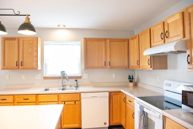 624 Westwynd Ct, Mazomanie, WI 53560 - kitchen featuring white appliances, under cabinet range hood, a sink, light countertops, and recessed lighting