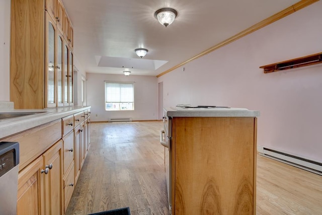 1600 26th Ave, Menominee, MI 49858 - kitchen with light wood-type flooring, baseboard heating, stainless steel dishwasher, a skylight, and a kitchen island