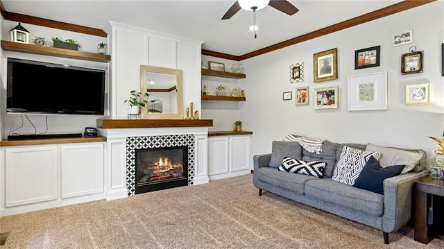 129 Grey Friar Ln, Eau Claire, WI 54701 - carpeted living area with a ceiling fan, ornamental molding, and a tile fireplace