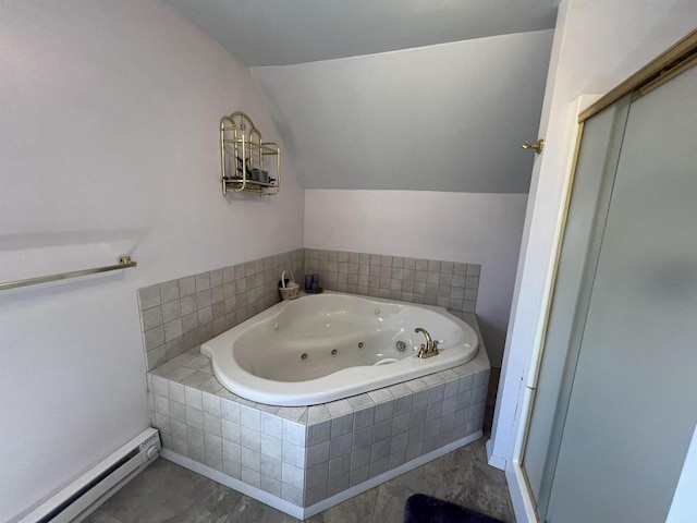 432 S Union St, Mauston, WI 53948 - bathroom with a baseboard radiator, vaulted ceiling, a whirlpool tub, and a stall shower