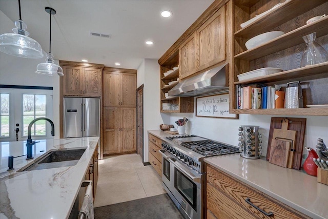 2515 County Road Hk, Barneveld, WI 53507 - kitchen featuring open shelves, high end appliances, a sink, wall chimney exhaust hood, and pendant lighting