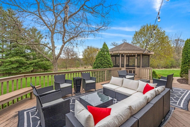 W343S9320 Jericho Dr, Eagle, WI 53119 - deck with an outdoor living space, a sunroom, and a lawn