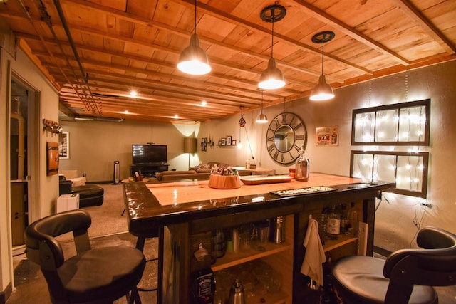 3001 Revere Rd, Plover, WI 54406 - bar with wooden ceiling, beam ceiling, carpet floors, and decorative light fixtures