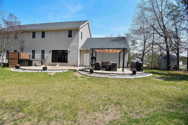 3001 Revere Rd, Plover, WI 54406 - back of property with a hot tub, a patio, a shed, a pergola, and outdoor lounge area