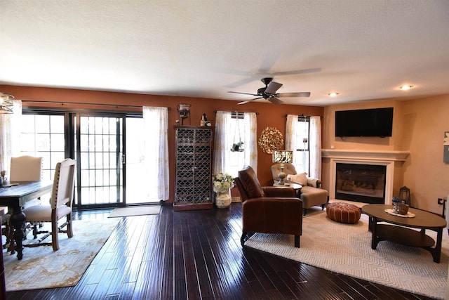 3001 Revere Rd, Plover, WI 54406 - living room featuring a glass covered fireplace, ceiling fan, and hardwood / wood-style floors