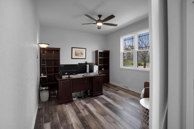 N53W16789 Prairie Dawn, Menomonee Falls, WI 53051 - office space featuring a ceiling fan, dark wood-style floors, and baseboards