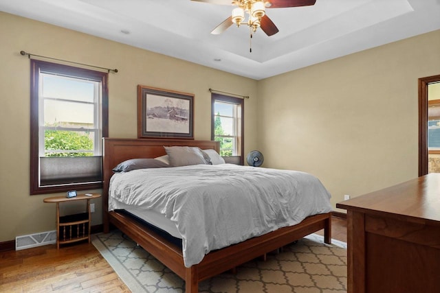 805 Mourning Dove Dr, Cottage Grove, WI 53527 - bedroom with light wood-type flooring, a raised ceiling, and ceiling fan