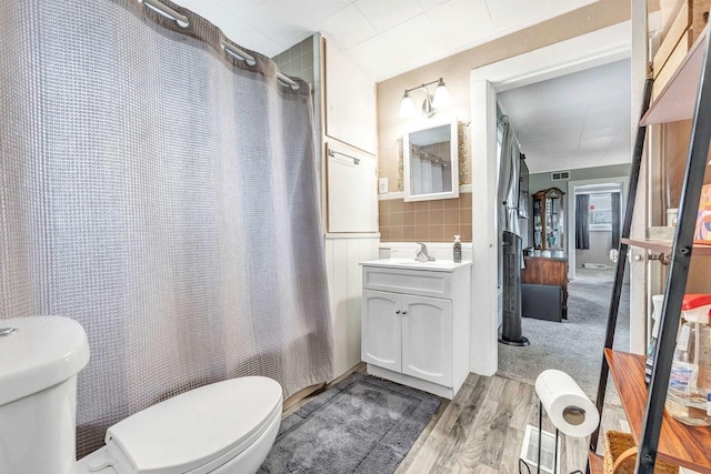 3265 County Road C, Oconto Falls, WI 54154 - bathroom featuring toilet, wood finished floors, vanity, and curtained shower