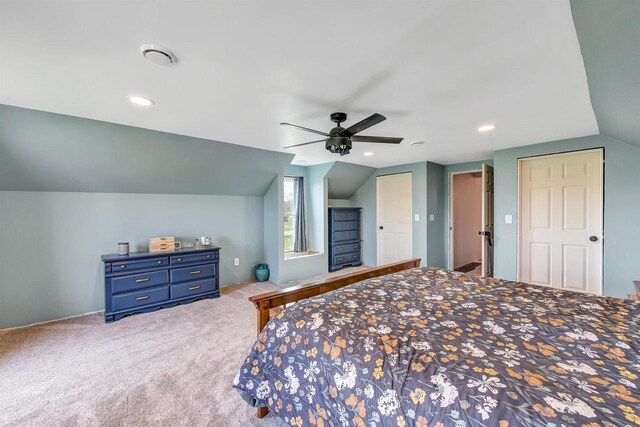 3265 County Road C, Oconto Falls, WI 54154 - bedroom with vaulted ceiling, carpet, a ceiling fan, and recessed lighting