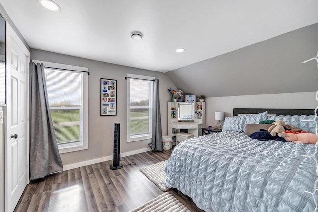 3265 County Road C, Oconto Falls, WI 54154 - bedroom featuring baseboards, dark wood-style flooring, lofted ceiling, and recessed lighting