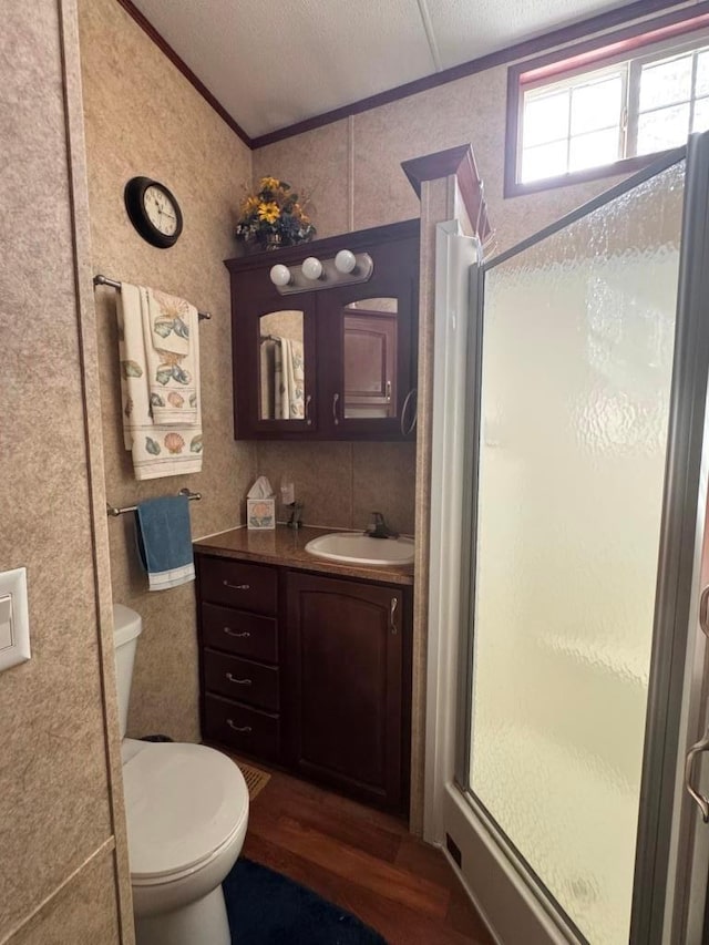 463 Aspen Way, Edgerton, WI 53534 - bathroom featuring wood finished floors, a stall shower, ornamental molding, vanity, and toilet