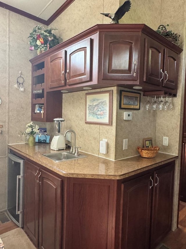 463 Aspen Way, Edgerton, WI 53534 - bar with a sink, crown molding, beverage cooler, decorative backsplash, and wood finished floors