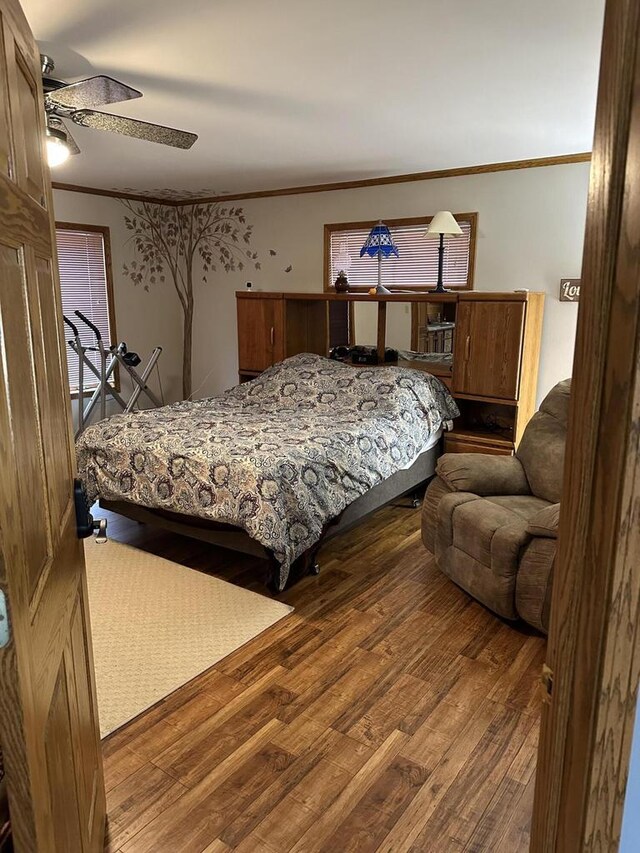 N11894 E Deer Lake Rd, Tomahawk, WI 54487 - bedroom with crown molding, wood finished floors, and ceiling fan