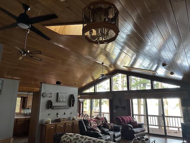 N11894 E Deer Lake Rd, Tomahawk, WI 54487 - living area featuring a ceiling fan, high vaulted ceiling, and wooden ceiling
