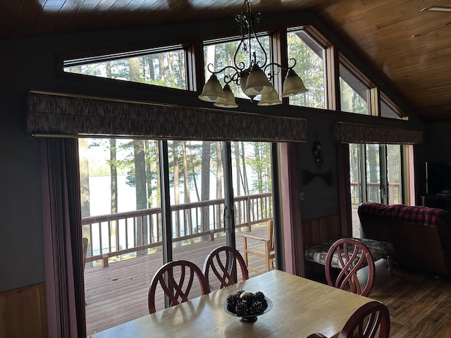 N11894 E Deer Lake Rd, Tomahawk, WI 54487 - dining space featuring a chandelier, wood finished floors, wooden ceiling, lofted ceiling, and plenty of natural light