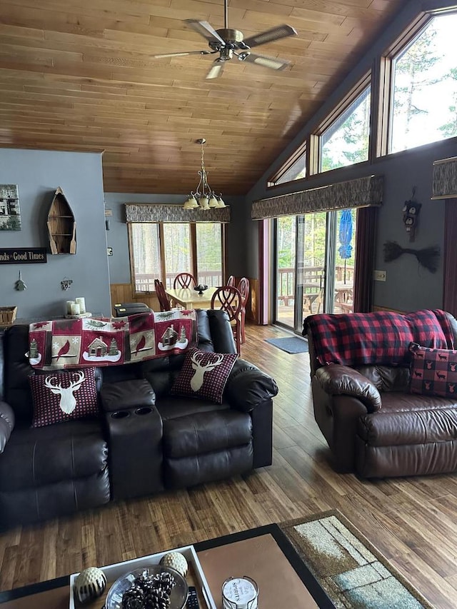 N11894 E Deer Lake Rd, Tomahawk, WI 54487 - living area featuring wood finished floors, a ceiling fan, wood ceiling, and high vaulted ceiling