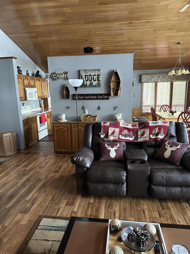 N11894 E Deer Lake Rd, Tomahawk, WI 54487 - living area featuring wooden ceiling, vaulted ceiling, and dark wood-style floors
