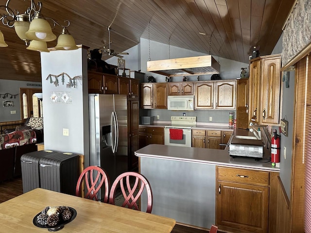 N11894 E Deer Lake Rd, Tomahawk, WI 54487 - kitchen featuring white appliances, vaulted ceiling, a peninsula, a ceiling fan, and wood ceiling