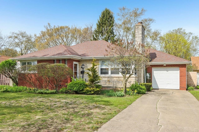 7700 3rd Ave, Kenosha, WI 53143 - ranch-style home with driveway, a garage, a front yard, and stone siding