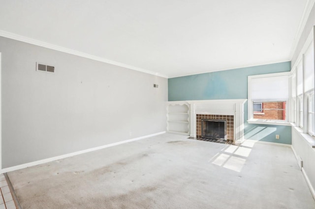 7700 3rd Ave, Kenosha, WI 53143 - unfurnished living room with crown molding, a fireplace, carpet, and baseboards