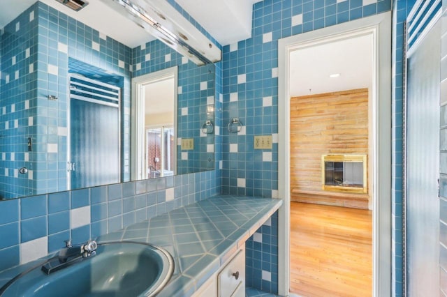 7700 3rd Ave, Kenosha, WI 53143 - bathroom featuring tasteful backsplash, wood finished floors, and vanity