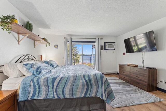 1093 Canyon Rd Unit 603, Wisconsin Dells, WI 53965 - bedroom with a baseboard radiator, access to exterior, a textured ceiling, light wood-type flooring, and an AC wall unit