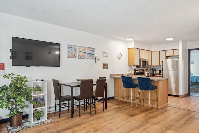 1093 Canyon Rd Unit 603, Wisconsin Dells, WI 53965 - kitchen with stainless steel appliances, light countertops, light wood-type flooring, a peninsula, and a textured ceiling