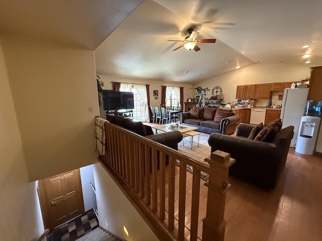 422 Callaway Blvd, La Crosse, WI 54603 - living area featuring lofted ceiling, a ceiling fan, and wood finished floors