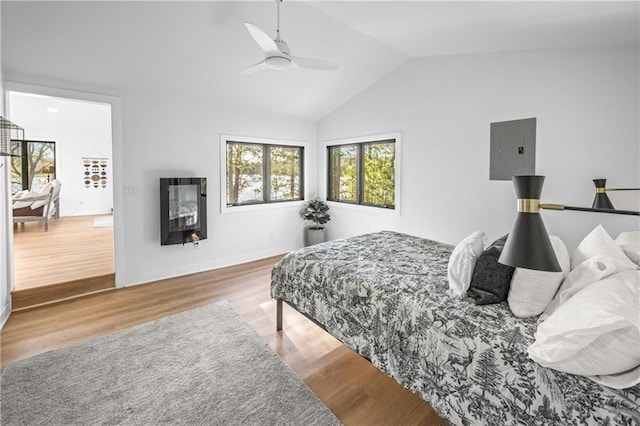 29829 Minerva Cir, Danbury, WI 54830 - bedroom with electric panel, lofted ceiling, wood finished floors, a ceiling fan, and baseboards